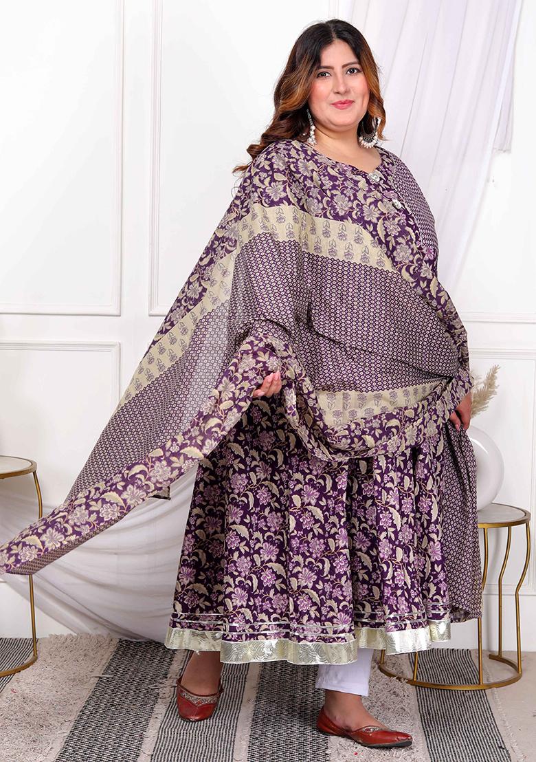 Purple Gota Lace Cotton Anarkali Set