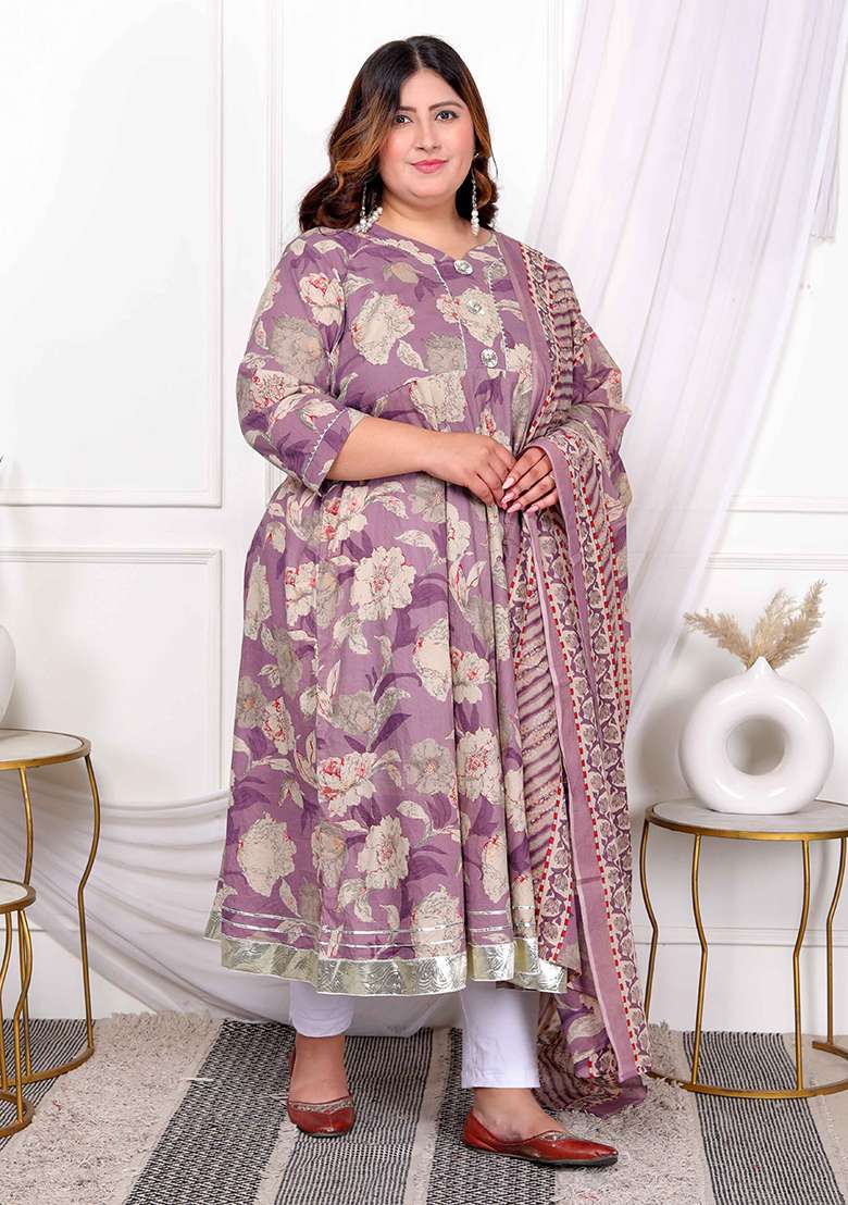 Purple Floral Print Cotton A Line Kurta Set - Indya