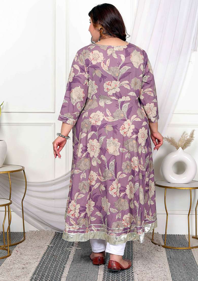 Purple Floral Print Cotton A Line Kurta Set - Indya