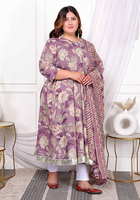 Purple Floral Print Cotton A Line Kurta Set