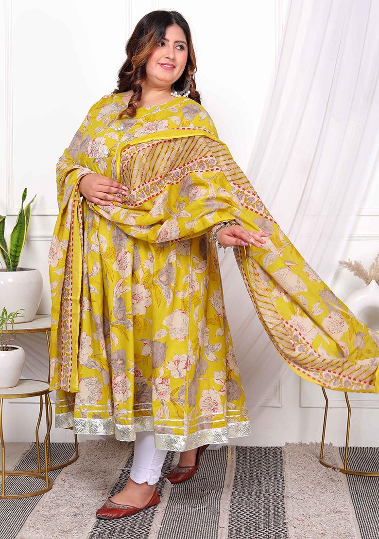 Yellow Gota Lace Cotton Anarkali Set