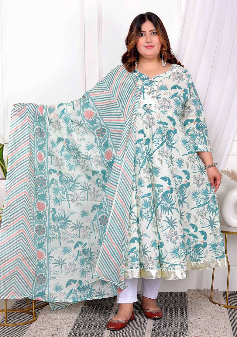 Light Green Floral Print Cotton Anarkali Set - Indya