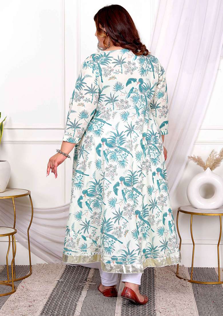 Light Green Floral Print Cotton Anarkali Set - Indya