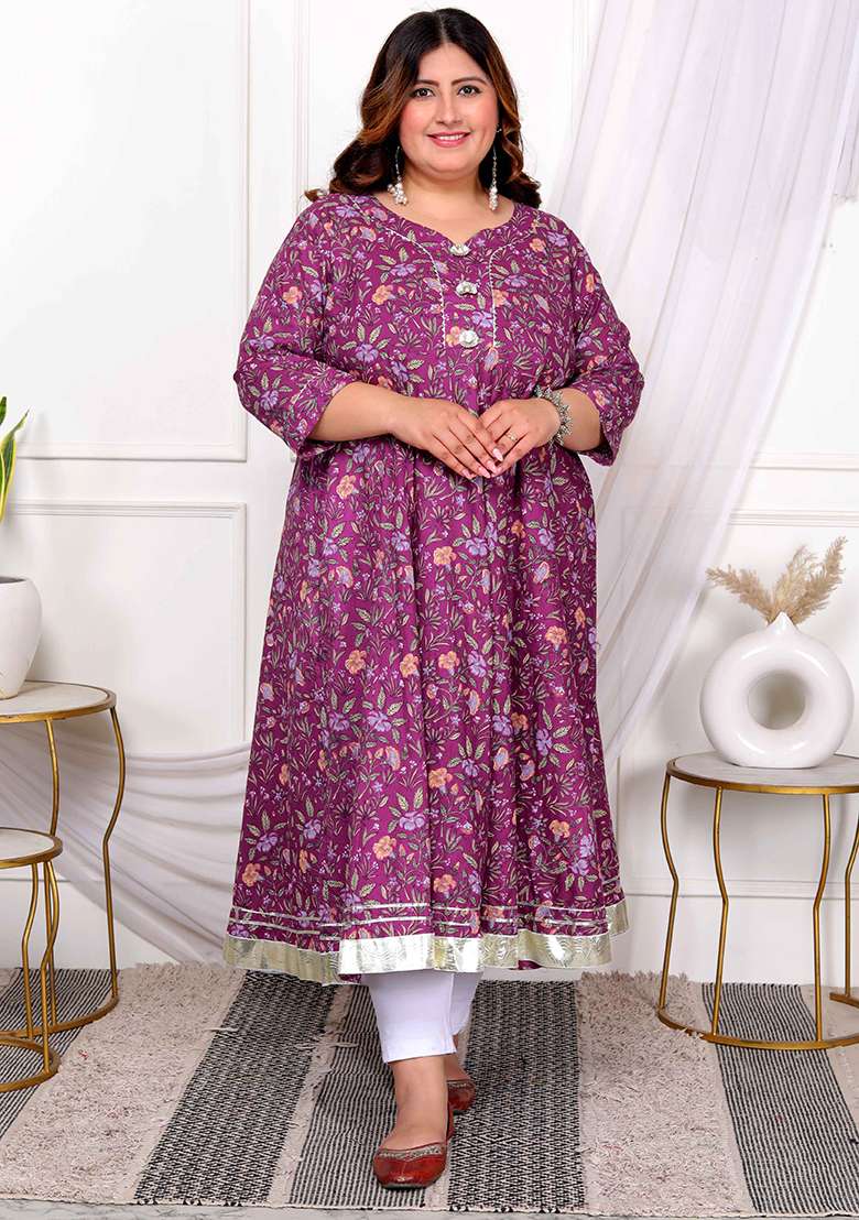 Purple Floral Print Cotton A Line Kurta Set - Indya