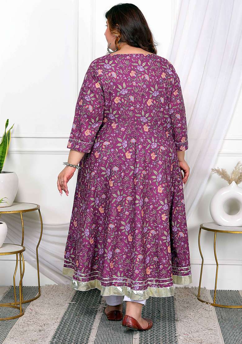 Purple Floral Print Cotton A Line Kurta Set - Indya
