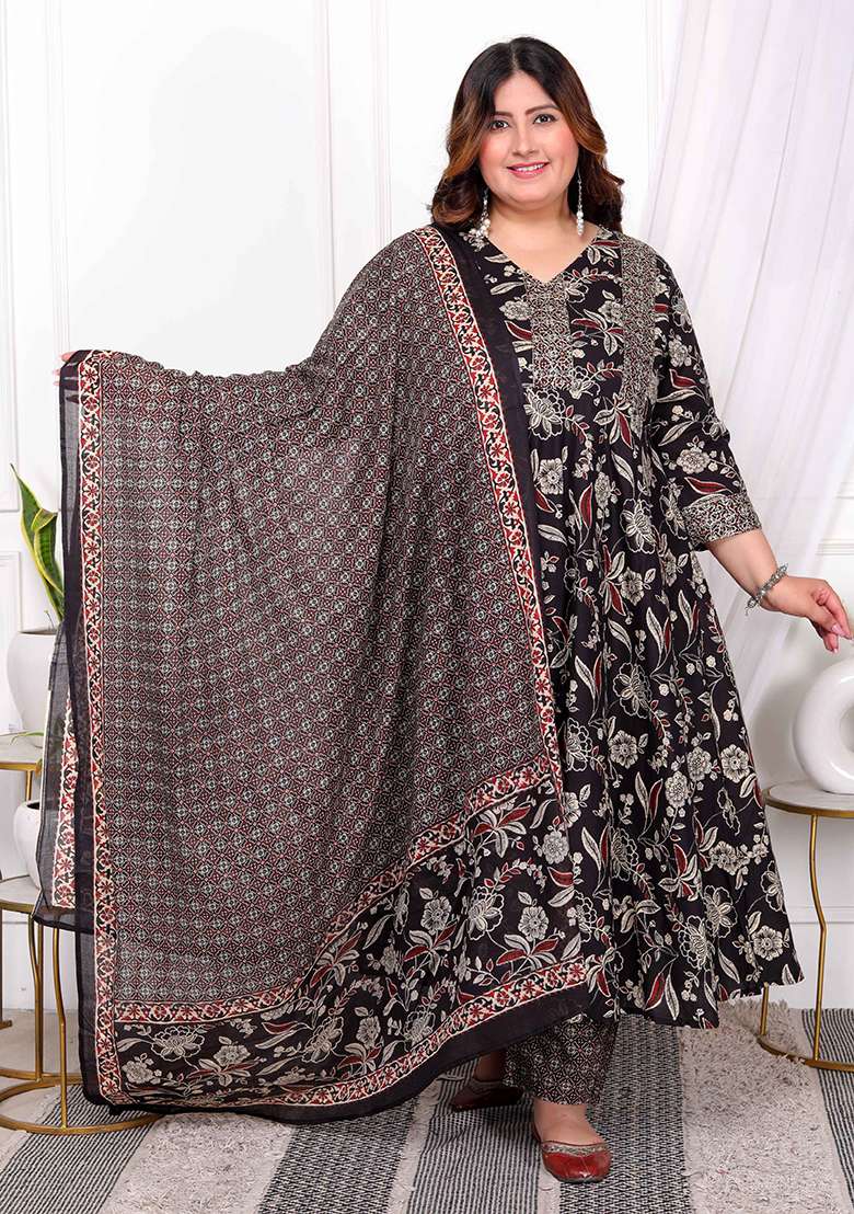 Multicolour Printed Cotton Anarkali Set - Indya