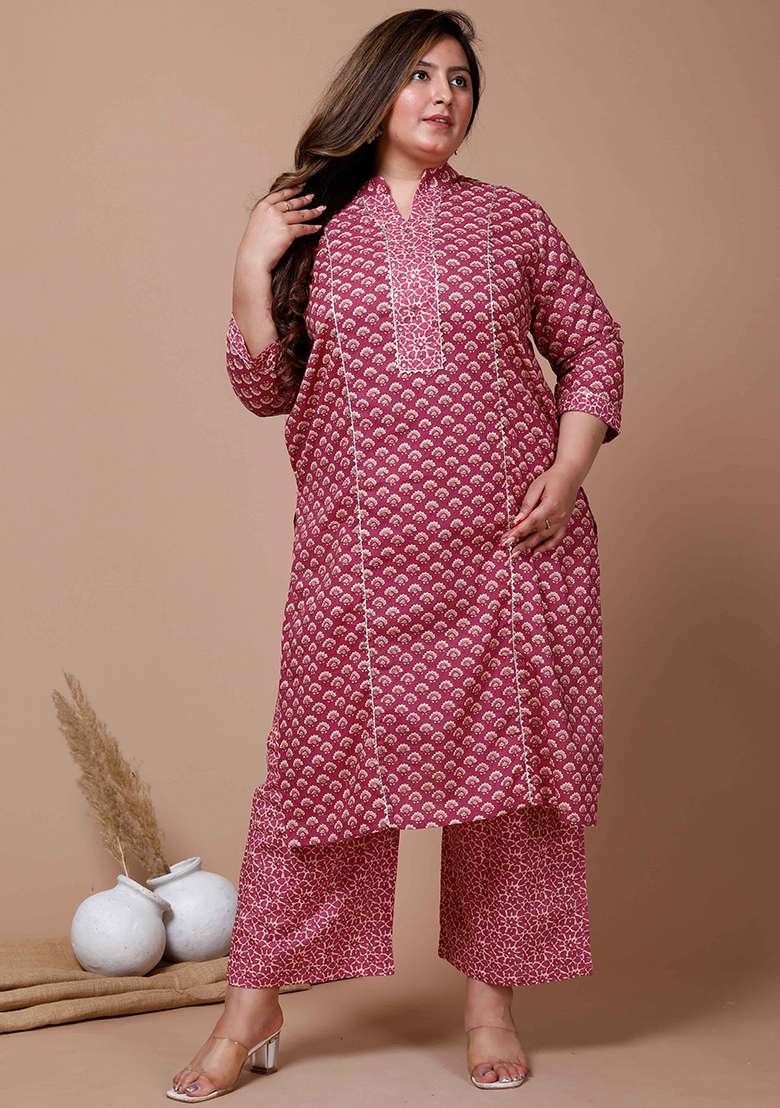 Pink Printed Cotton Straight Kurta Set - Indya
