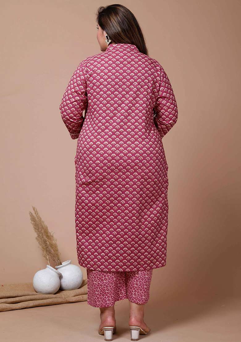 Pink Printed Cotton Straight Kurta Set - Indya