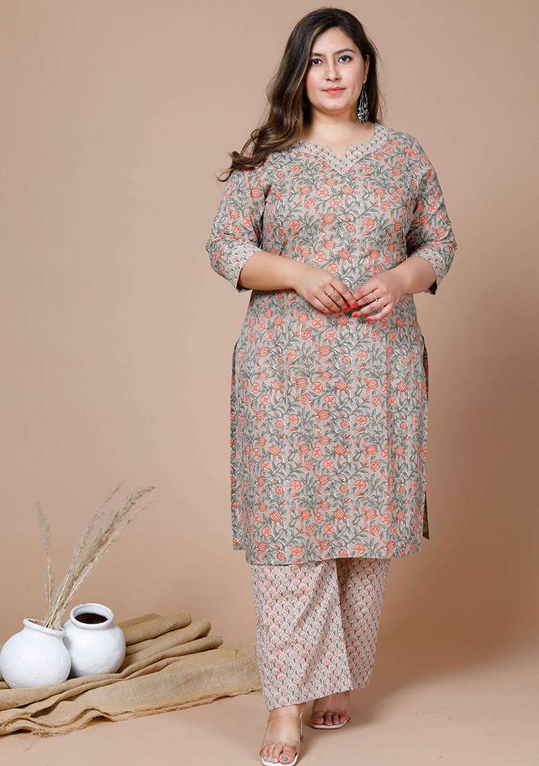 Brown Floral Print Cotton Straight Kurta Set - Indya