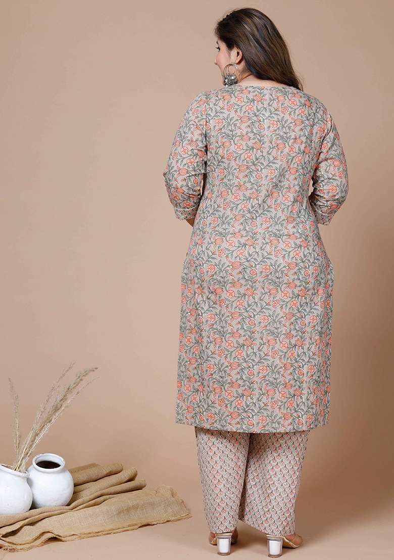 Brown Floral Print Cotton Straight Kurta Set - Indya
