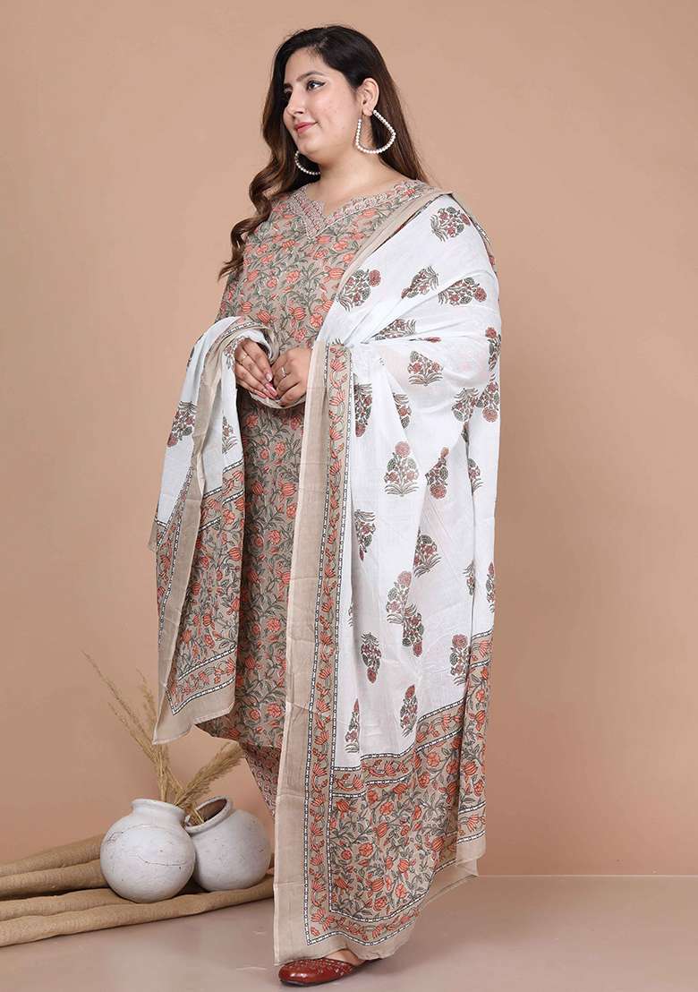 Brown Printed Cotton Straight Kurta Set - Indya