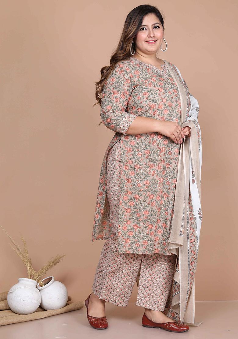 Brown Printed Cotton Salwar Kameez