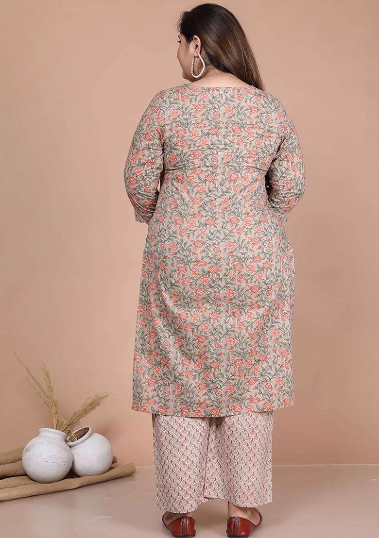 Brown Printed Cotton Straight Kurta Set - Indya