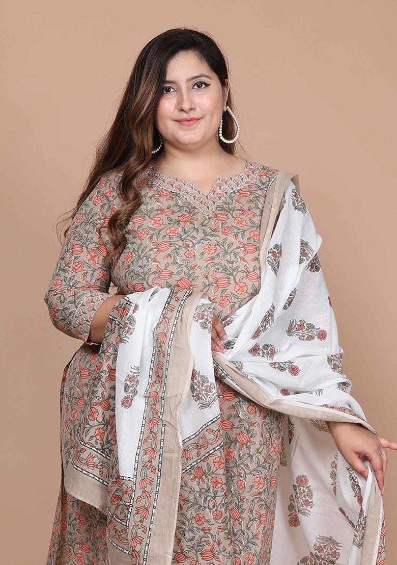 Brown Printed Cotton Salwar Kameez