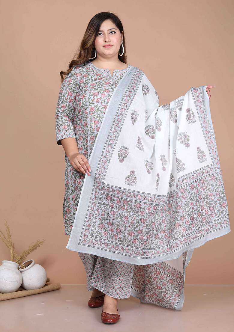 Blue Floral Print Cotton Straight Kurta Set - Indya