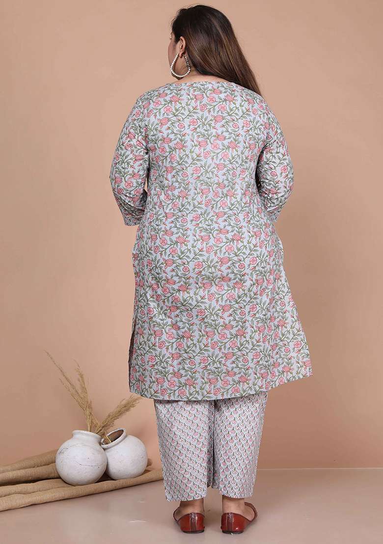 Blue Floral Print Cotton Straight Kurta Set - Indya