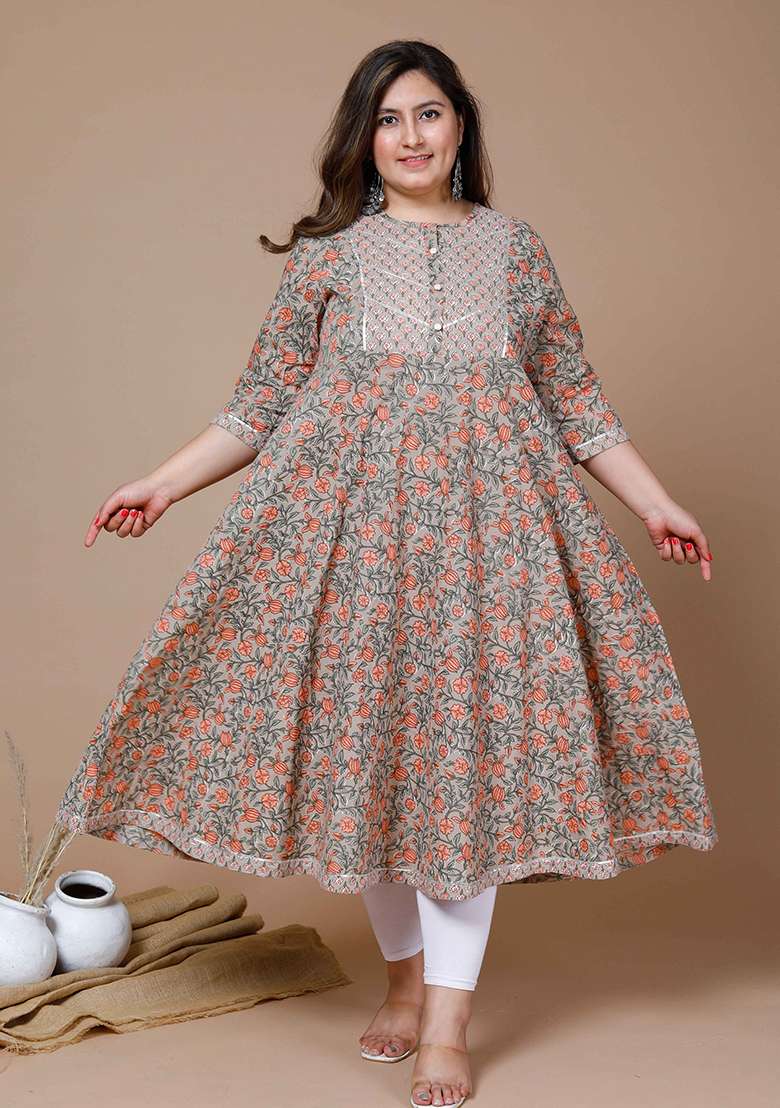 Brown Floral Print Cotton Anarkali - Indya