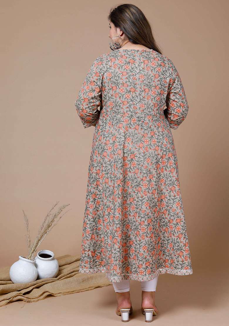 Brown Floral Print Cotton Anarkali - Indya