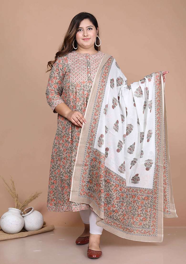Brown Printed Cotton A Line Kurta Set - Indya