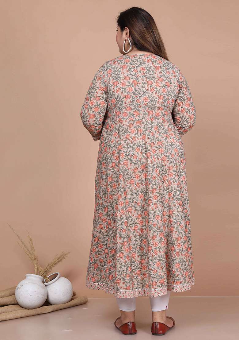 Brown Printed Cotton A Line Kurta Set - Indya