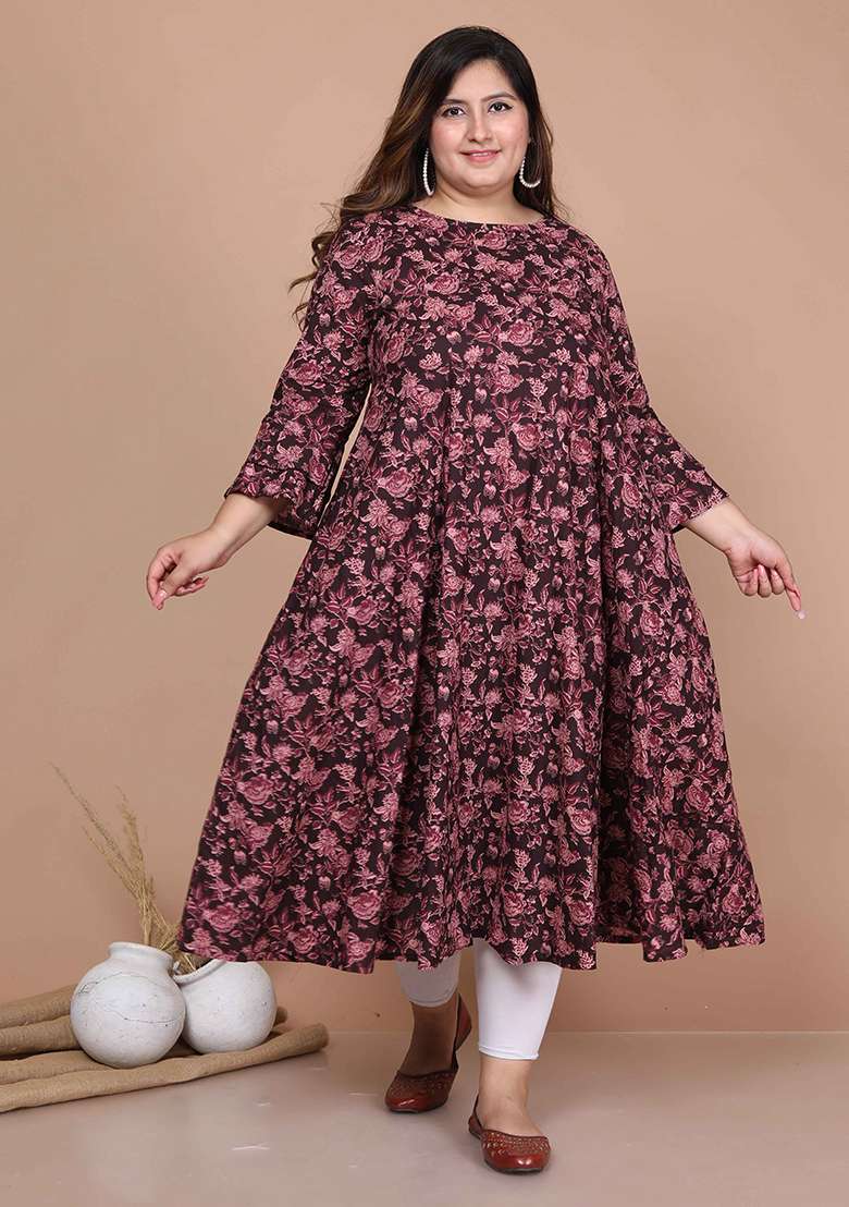 Maroon Floral Print Cotton Kurta - Indya