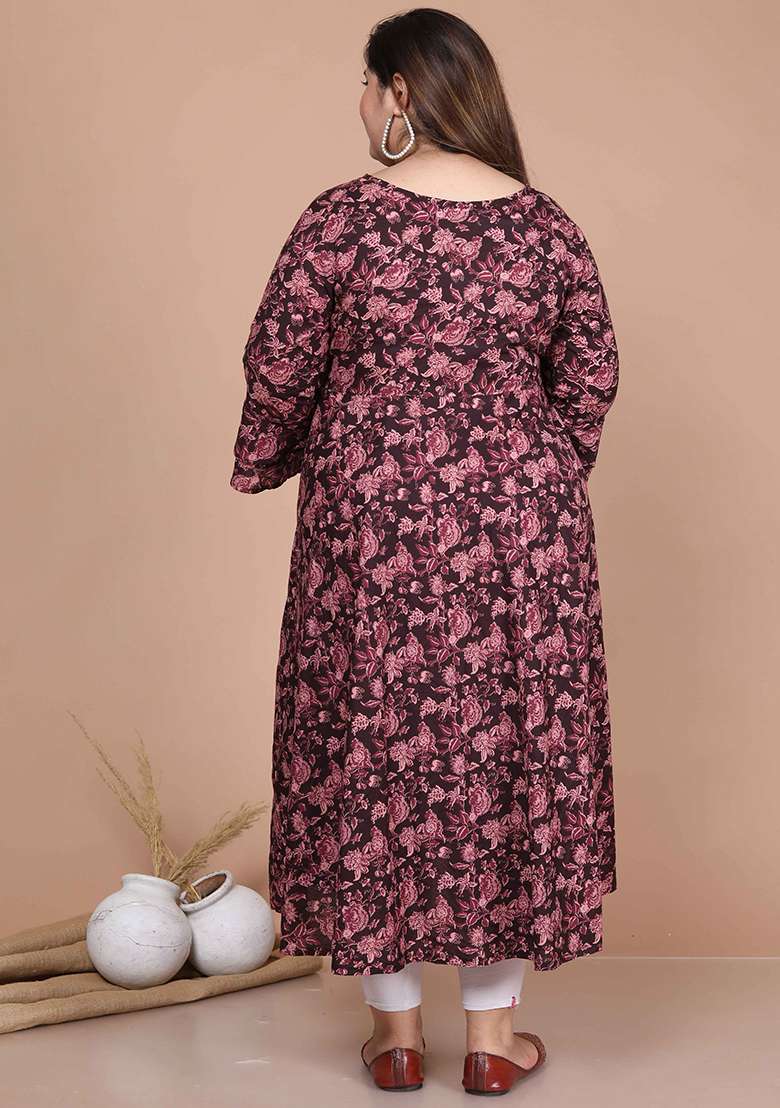 Maroon Floral Print Cotton Kurta - Indya