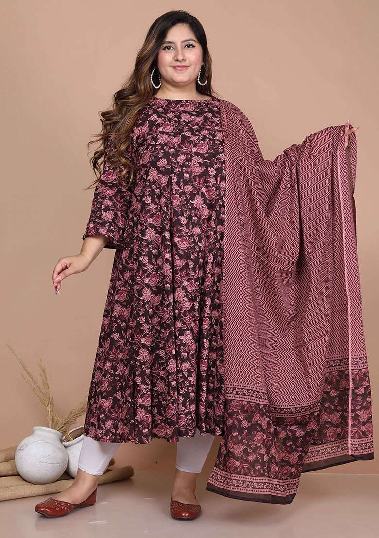 Maroon Floral Print Cotton Anarkali Set - Indya