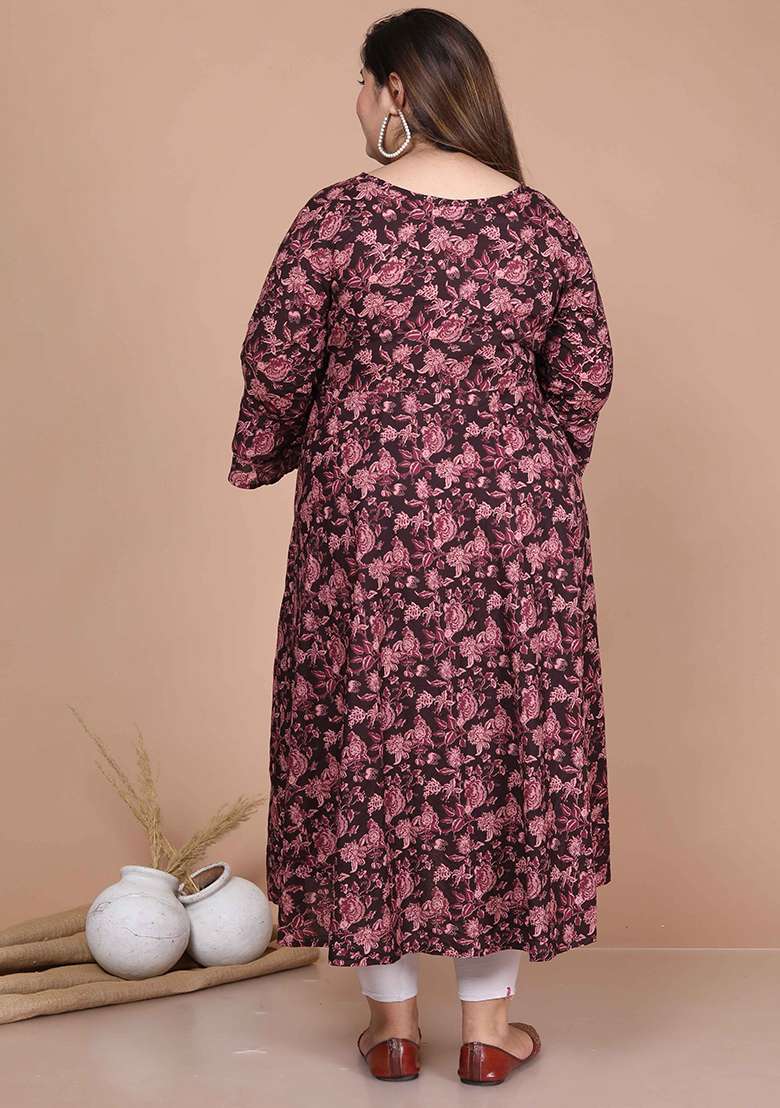 Maroon Floral Print Cotton Anarkali Set - Indya