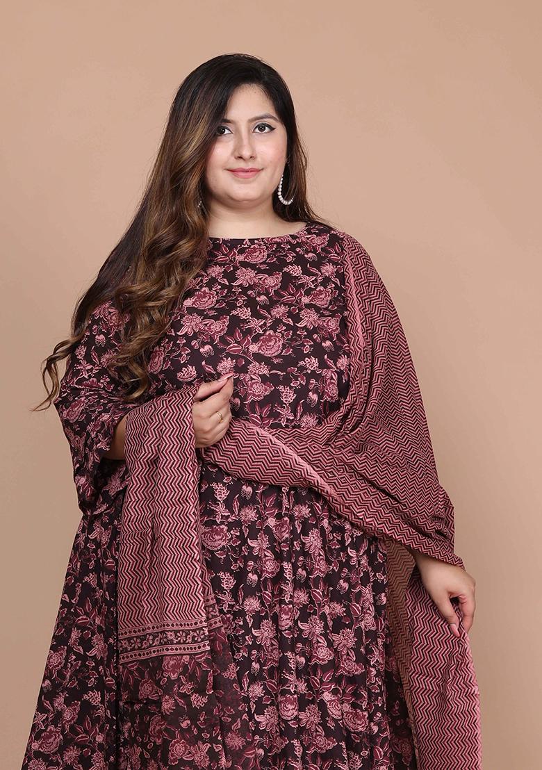 Maroon Printed Cotton Anarkali Set
