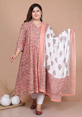 Orange Printed Cotton Anarkali Set