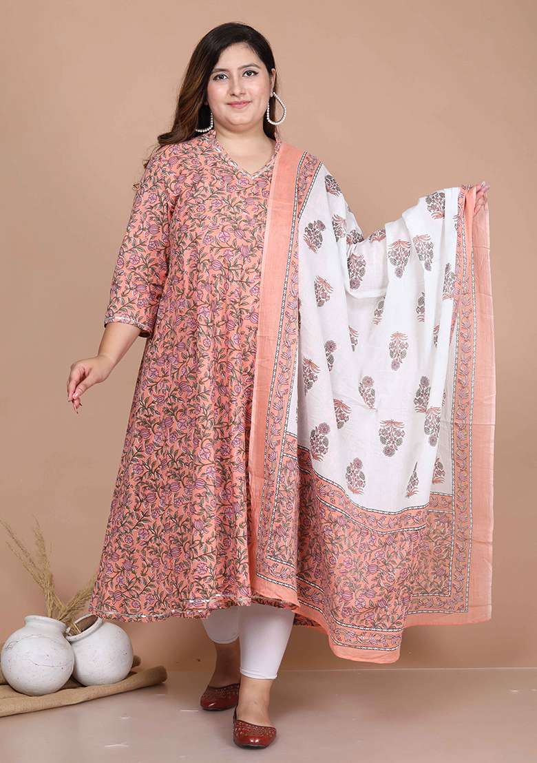 Orange Floral Print Cotton A Line Kurta Set - Indya