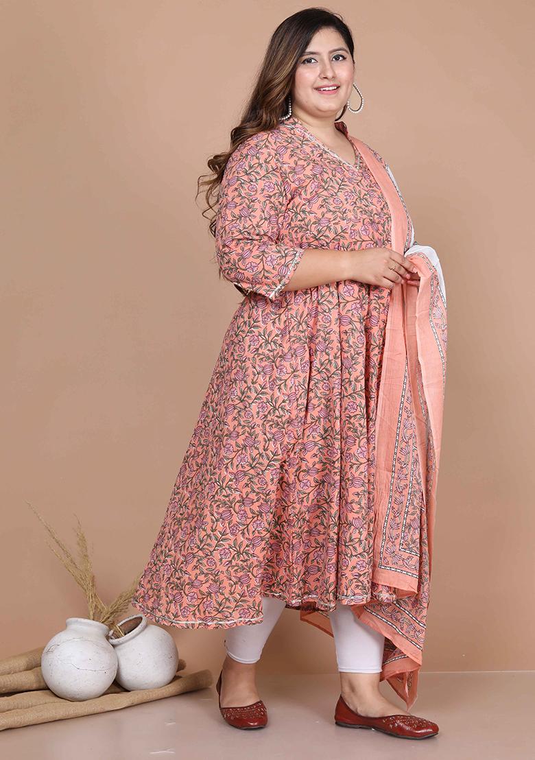 Orange Printed Cotton Anarkali Set