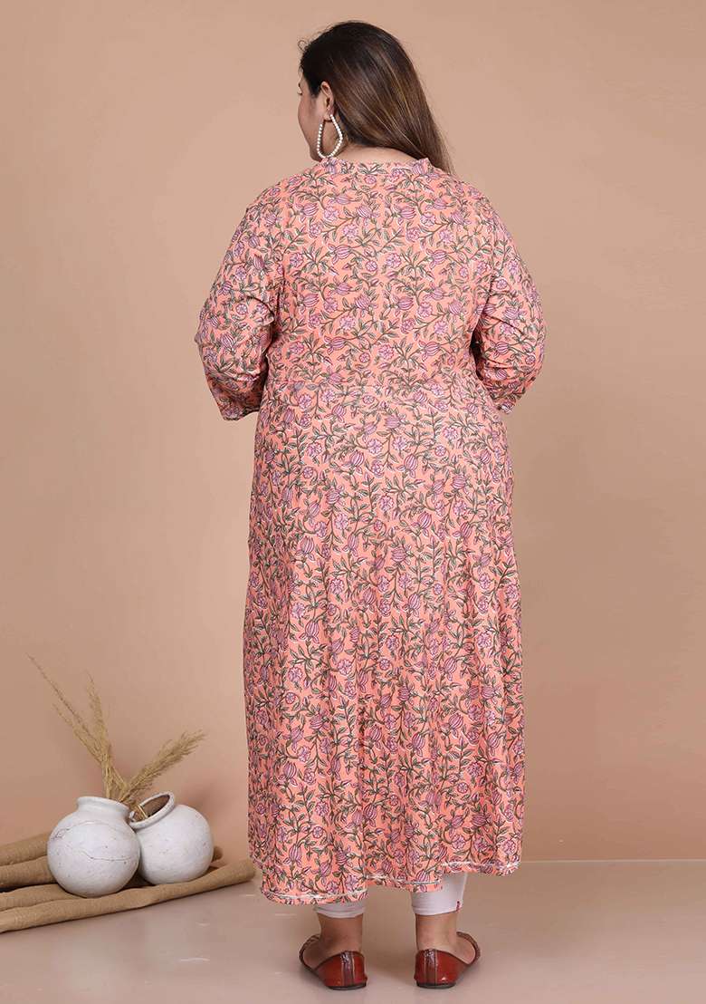 Orange Floral Print Cotton A Line Kurta Set - Indya
