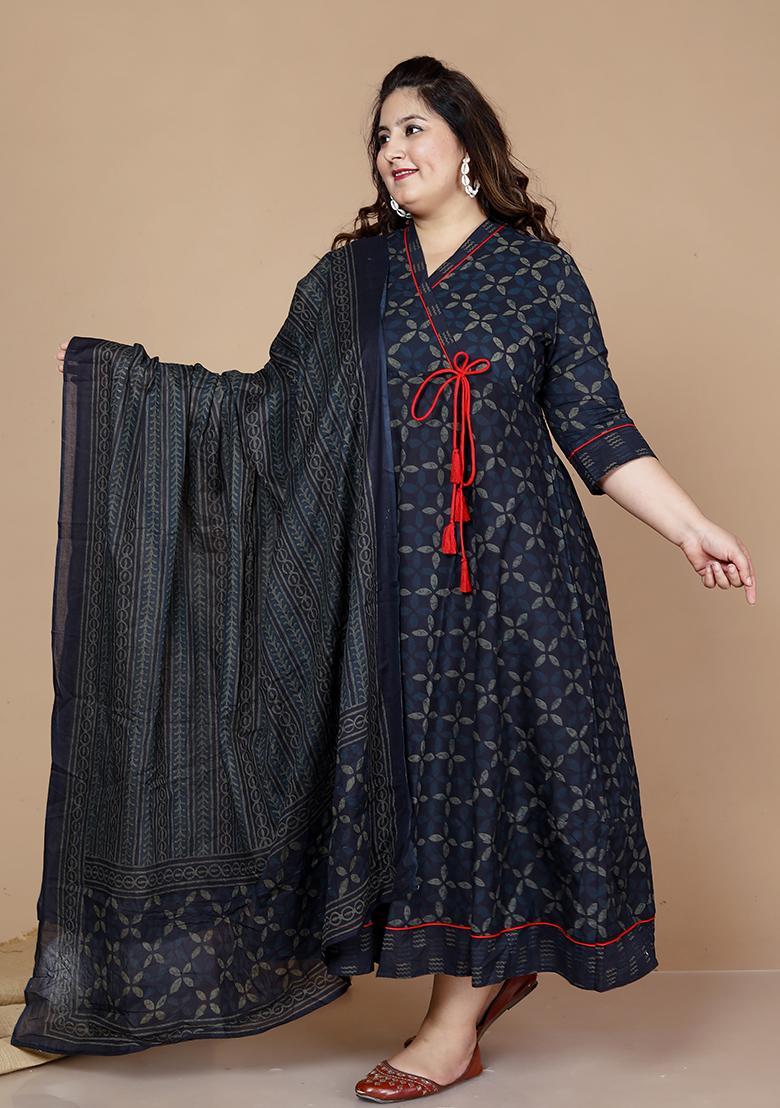 Blue Printed Cotton Anarkali Set