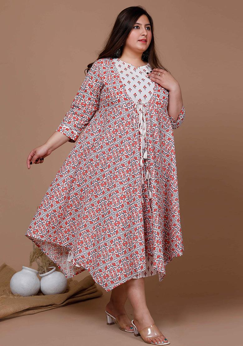 Orange Printed Cotton Anarkali Set