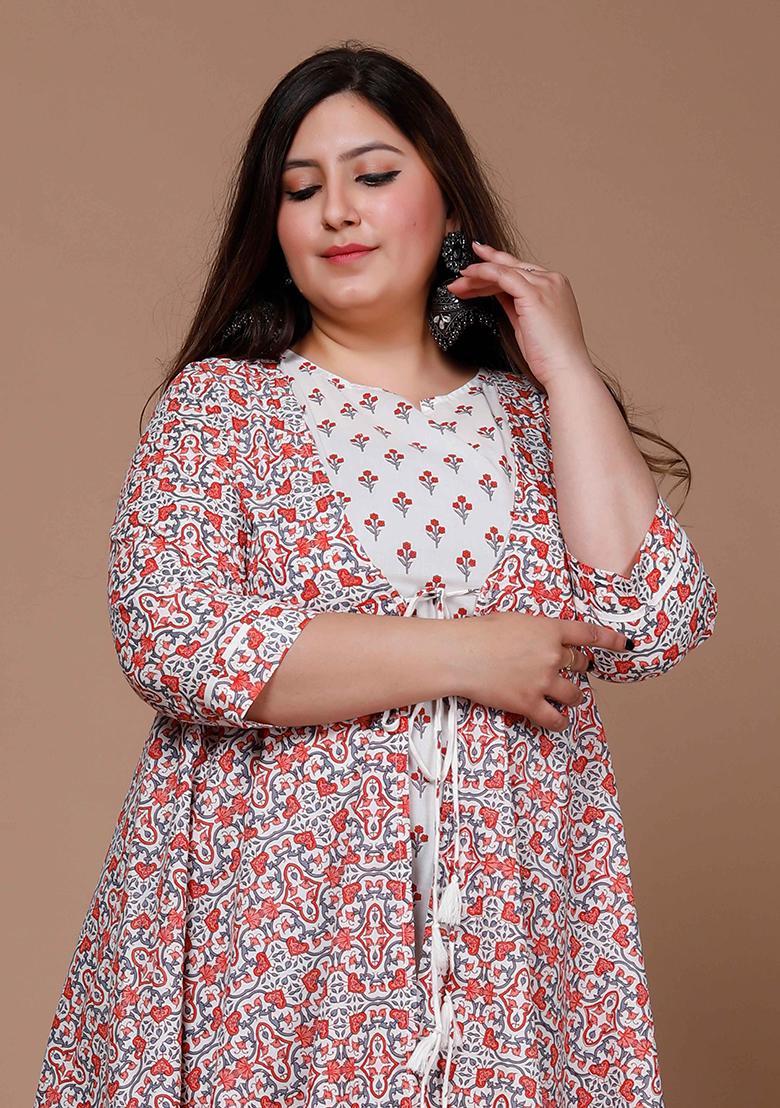 Orange Printed Cotton Anarkali Set