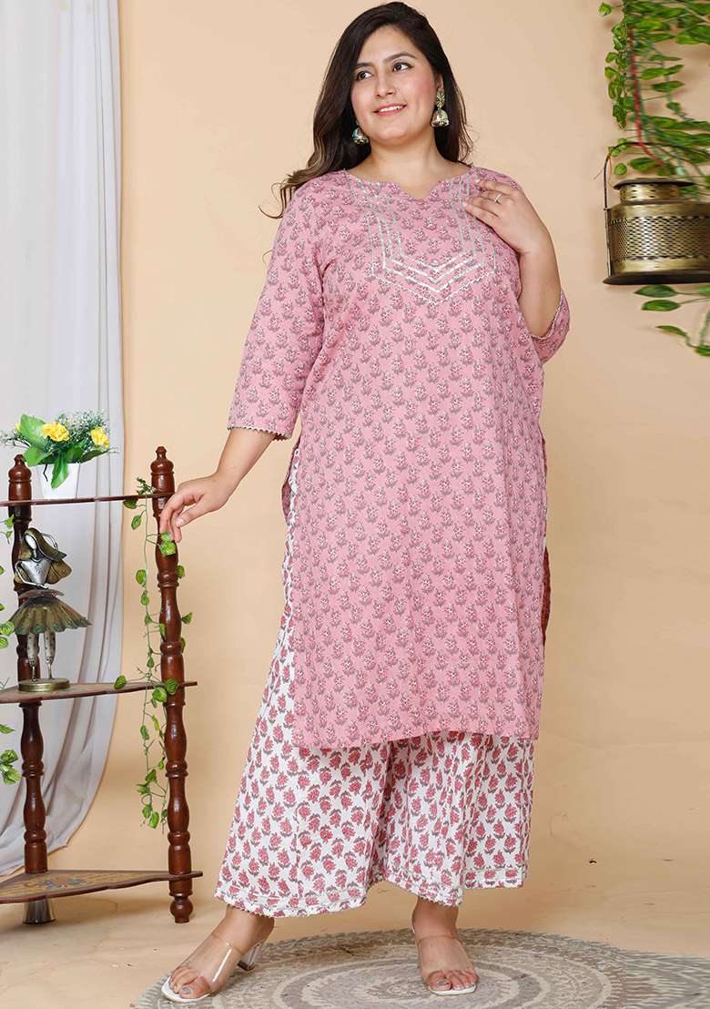 Pink Printed Cotton Straight Kurta Set - Indya