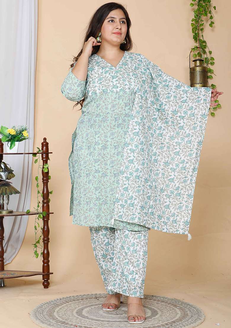 Green Floral Print Cotton Straight Kurta Set - Indya