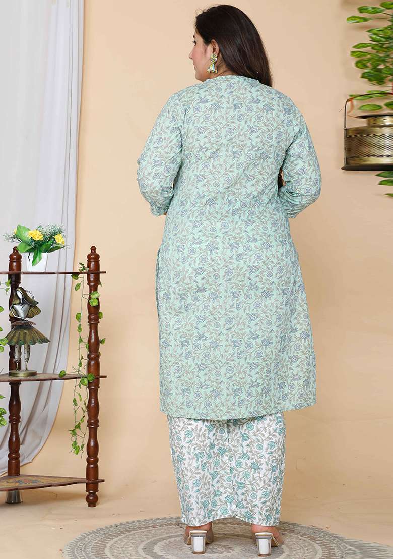 Green Floral Print Cotton Straight Kurta Set - Indya