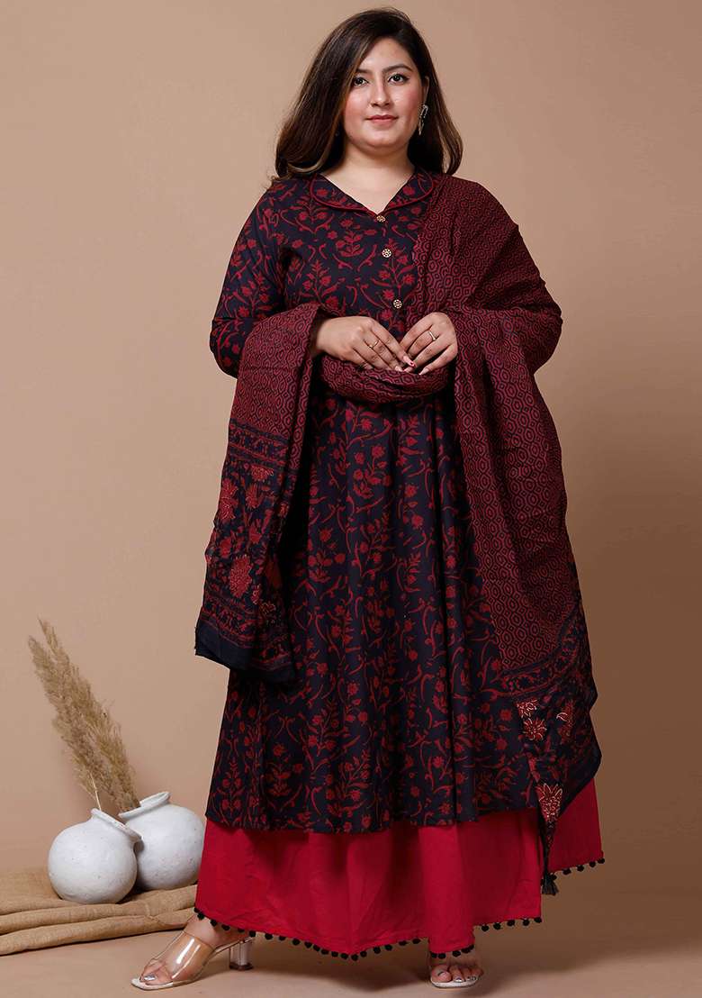 Maroon Printed Cotton Anarkali With Dupatta - Indya