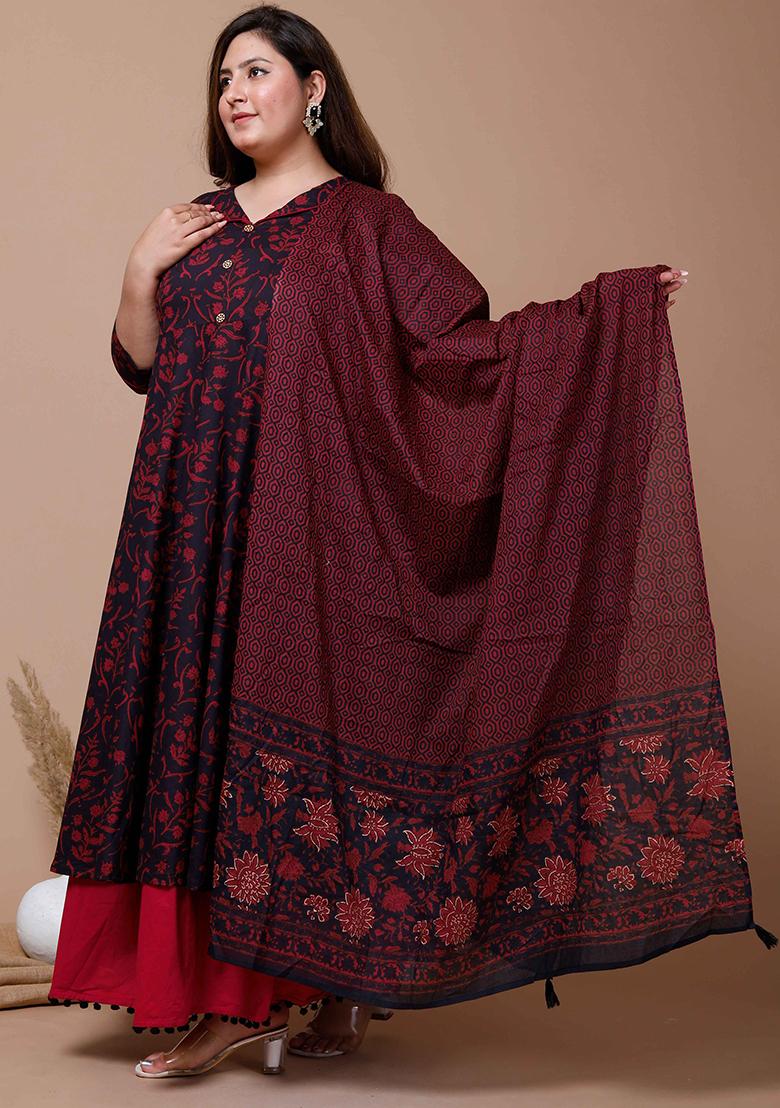 Maroon Printed Cotton Anarkali Set