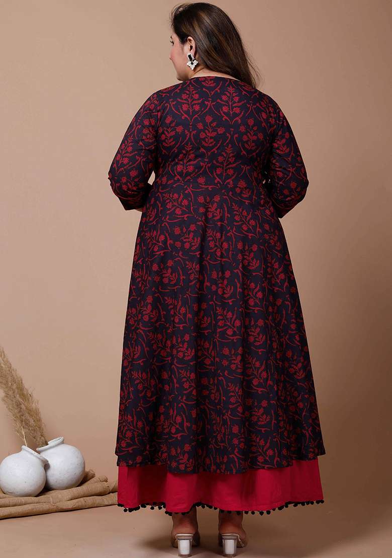 Maroon Printed Cotton Anarkali With Dupatta - Indya