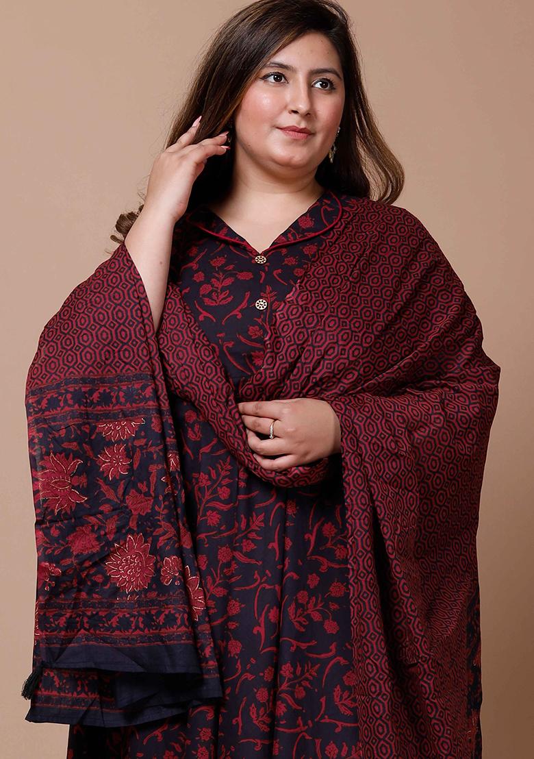 Maroon Printed Cotton Anarkali Set