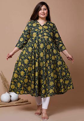 Green Printed Cotton Anarkali