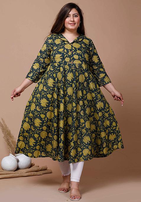 Green Printed Cotton Anarkali