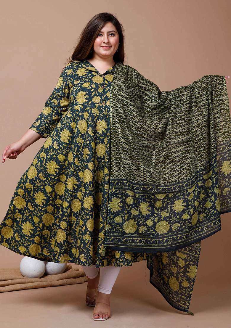 Green Floral Print Cotton Anarkali Set - Indya