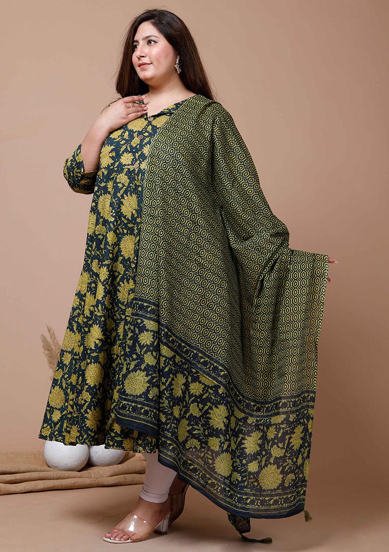 Green Printed Cotton Anarkali Set