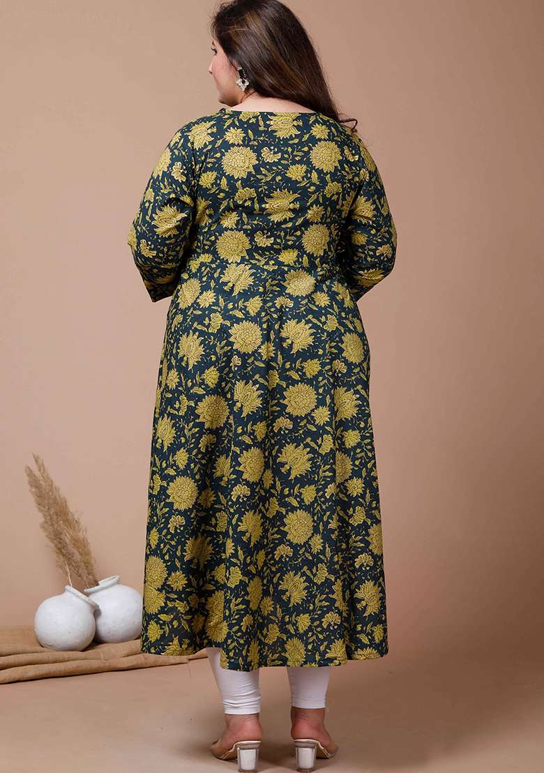 Green Floral Print Cotton Anarkali Set - Indya