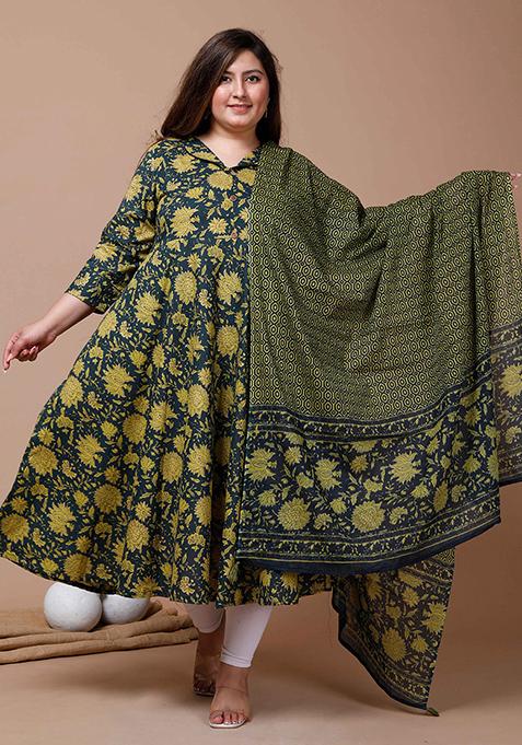 Green Printed Cotton Anarkali Set