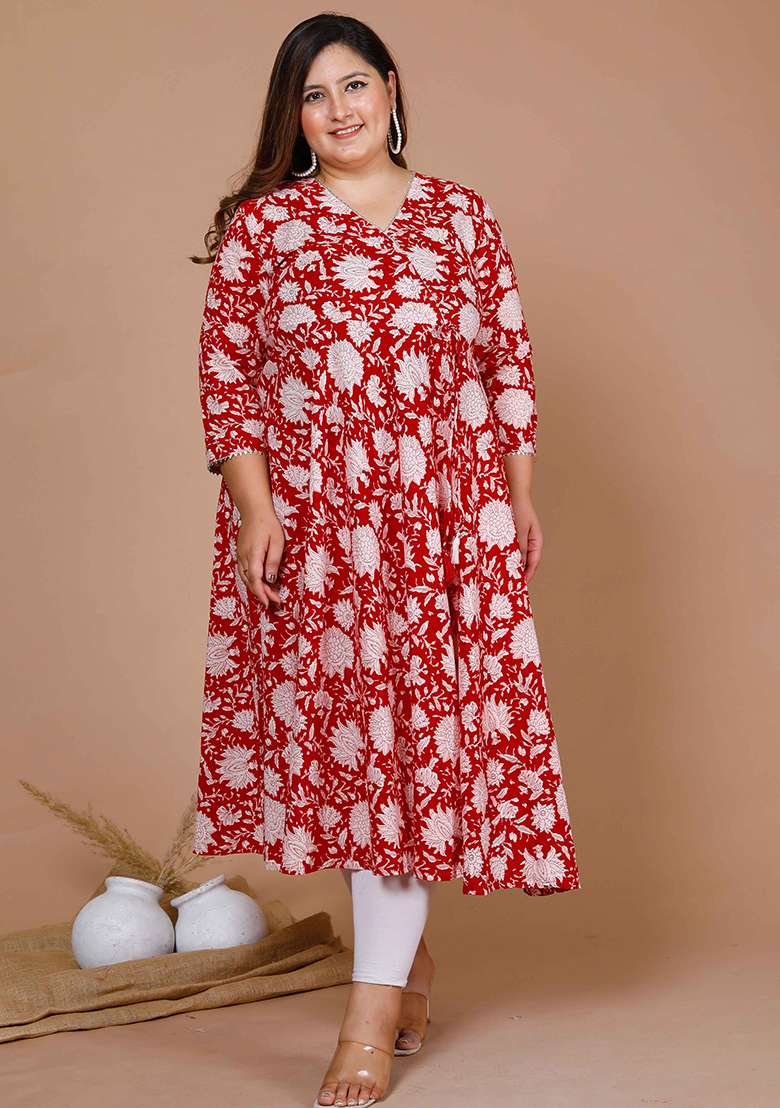 Red Floral Print Cotton Kurta - Indya